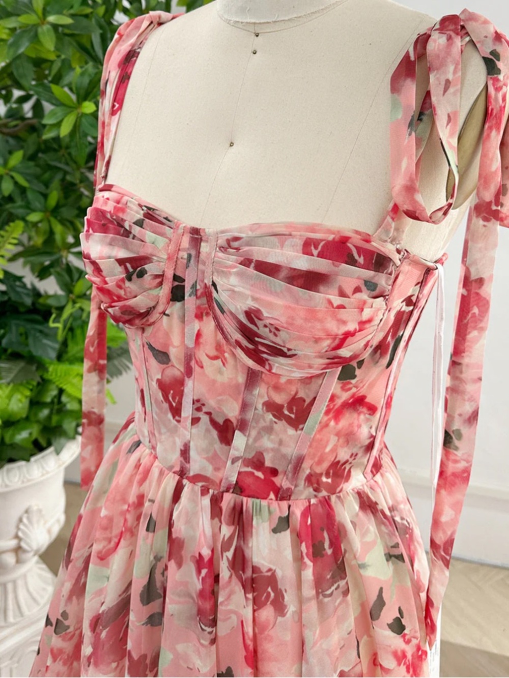 Pink Floral Tie-Shoulder Corset Dress